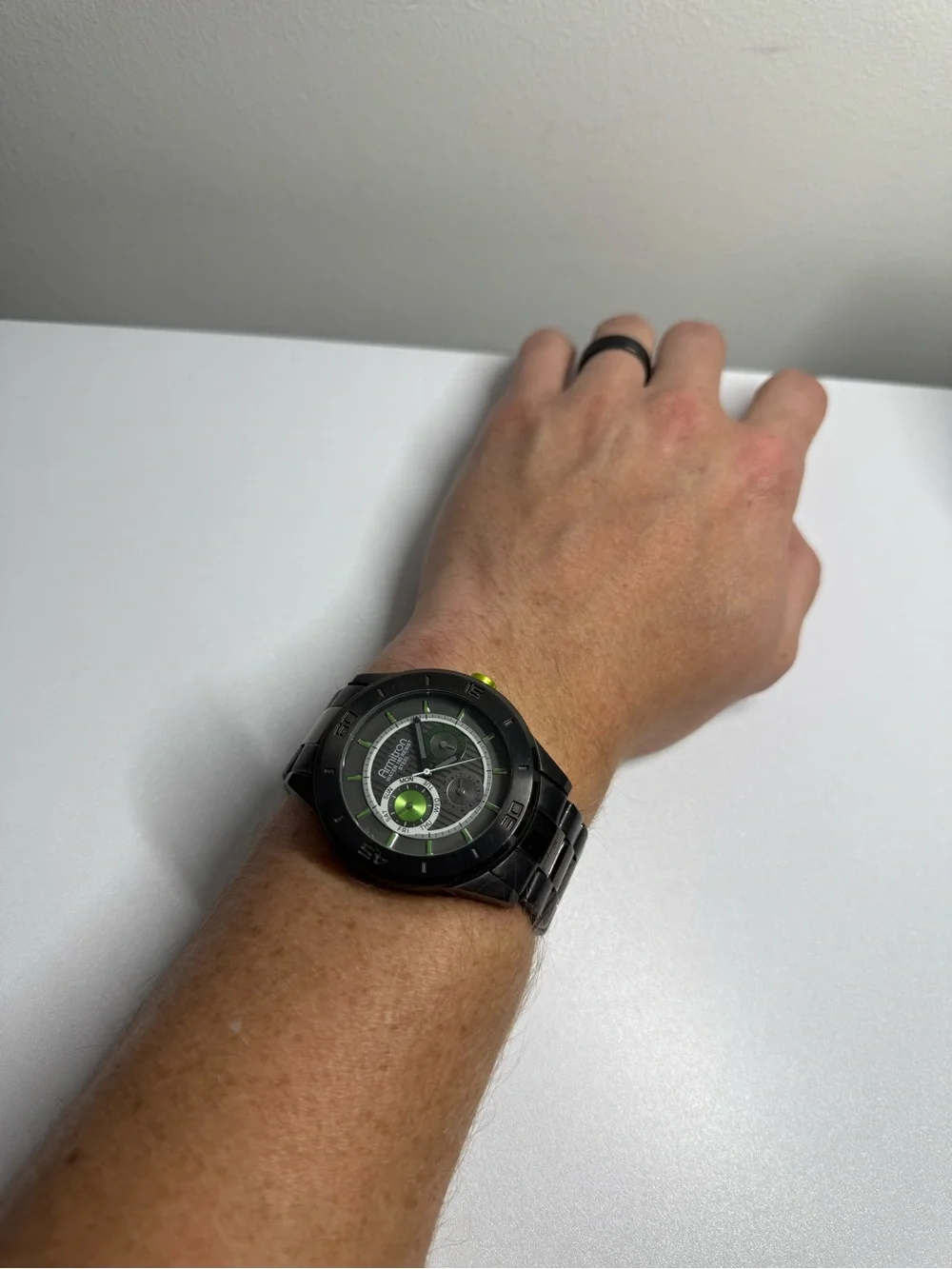 Men's Black Stainless Steel Chronograph Watch with Green Accents